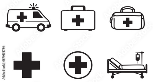 Simple line art medical icon set featuring an ambulance, first aid kits, crosses, and a hospital bed for healthcare services