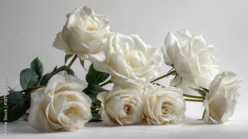 Obraz premium Several white roses lie on a light surface. The flowers have green leaves. This scene shows the beauty of nature during daytime.