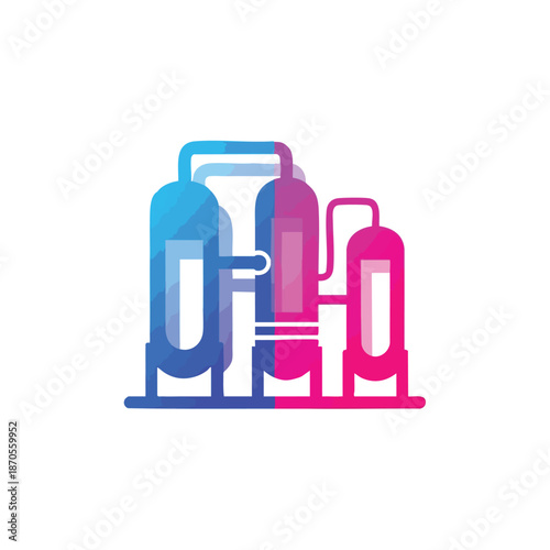 Stylized graphic illustration of industrial distillation towers, representing chemical processing and manufacturing.
