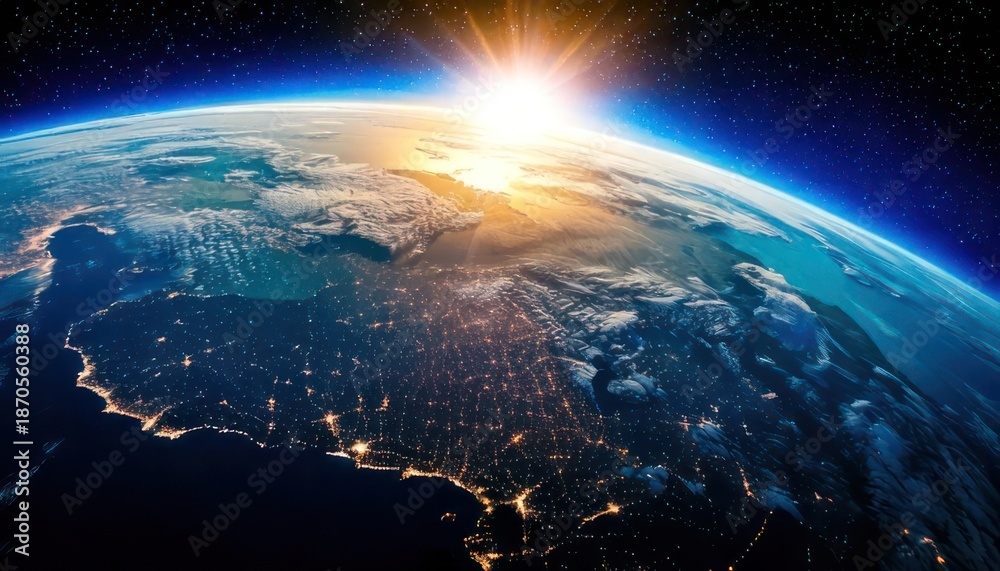 Fototapeta premium Stunning view of Earth from space with sunrise over horizon.