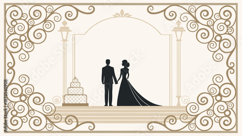 Elegant wedding couple silhouette with cake in ornate archway