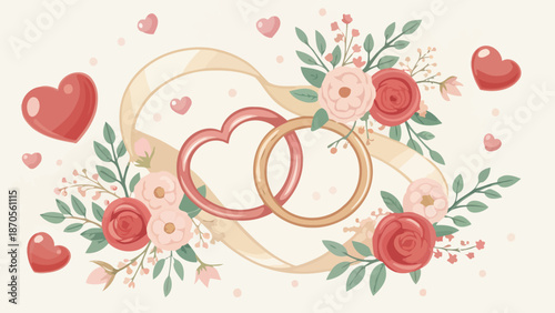 Romantic wedding rings and flowers with hearts on cream