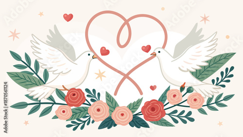 Romantic illustration of doves with intertwined hearts and flowers symbolizing love and peace