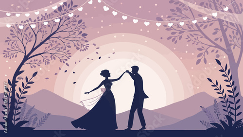 Romantic couple dancing under heart lights at sunset