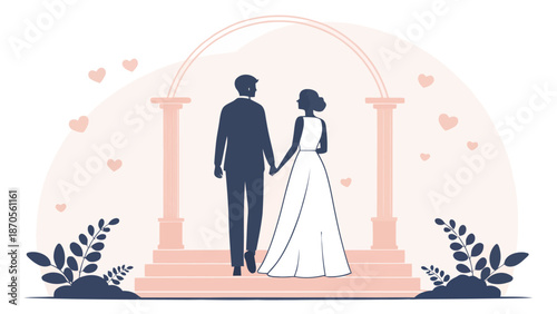 Romantic wedding couple holding hands under archway with hearts