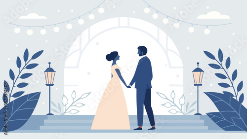 Romantic couple holding hands on elegant wedding venue steps