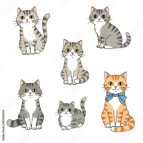 A cute group of funny cartoon cats sitting together like a happy kitten family