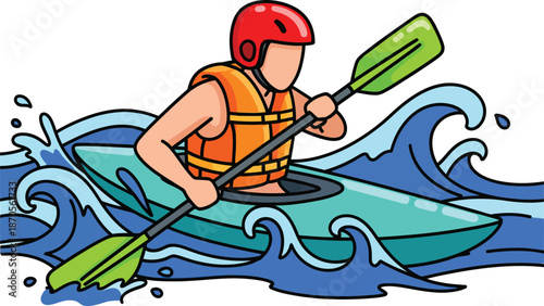 Cartoon illustration of a person kayaking in rough water wearing a red helmet and an orange life vest holding a green paddle.