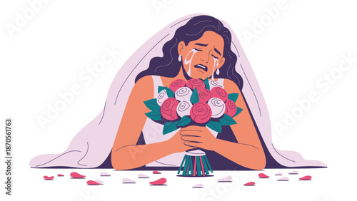 Bride's Melancholy: A tender moment as a bride, adorned in a veil and holding a bouquet, sheds tears, capturing a blend of emotion and the weight of a significant life event.