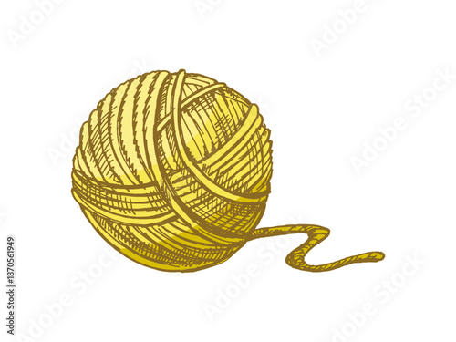 Hand drawn vintage sketch of yellow yarn ball with string, cozy knitting style, isolated vector illustration