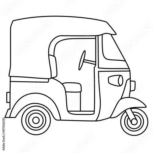 Auto rickshaw line art perfect for kids coloring books, transportation themes, and playful educational tracing activities.