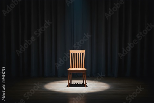 A single wooden chair sits center stage under a spotlight on a dark theatre
