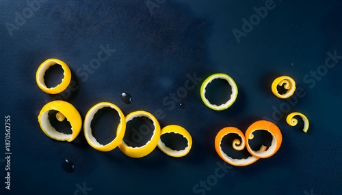 The vibrant curls of lemon and orange peels are arranged artfully on a dark surface.