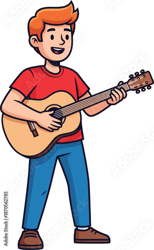 Cheerful cartoon boy with orange hair in a red shirt happily standing and strumming an acoustic guitar.