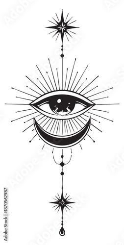 Line art illustration of a mystical eye and crescent moon depicting celestial and esoteric themes for spiritual concepts