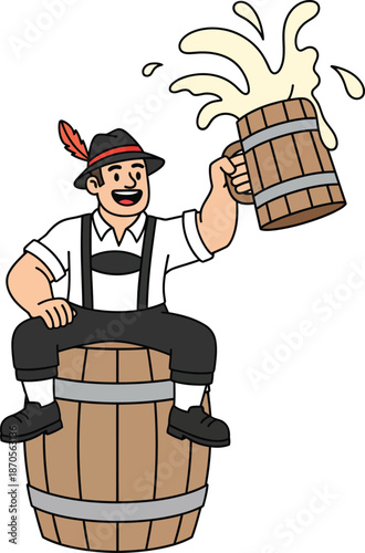 Cheerful cartoon German man in Lederhosen sitting on a barrel raising a splashing beer stein for Oktoberfest.