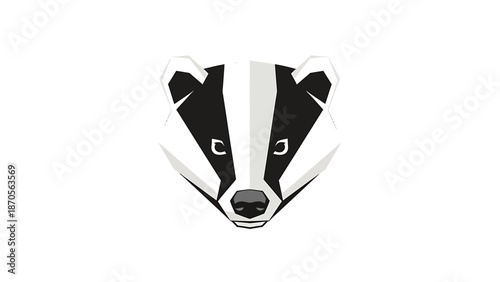 Badger head illustration, geometric design, black and white, animal portrait, wildlife art, minimalist style.