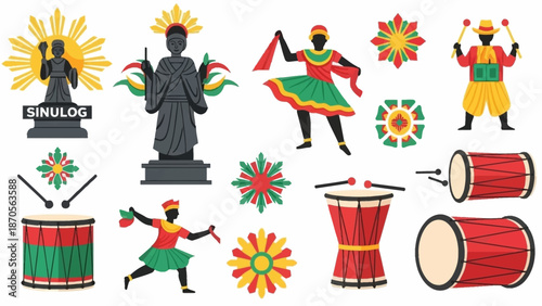 Vibrant Illustrations Festive Elements of the Sinulog Festival, Depicting Culture and Celebration