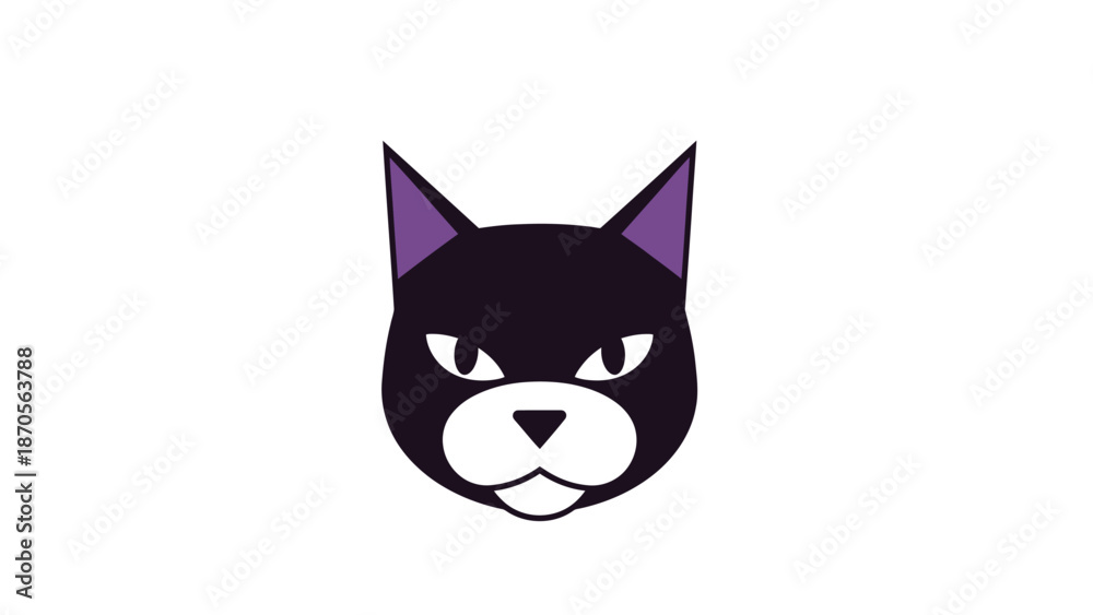 Fototapeta premium Black cat face with purple ears and a stern expression, isolated.