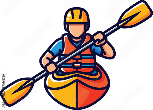 Colorful cartoon illustration of a kayaker wearing a helmet and life vest holding a paddle.