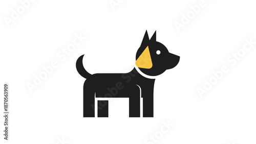Black dog illustration with yellow ear and collar, standing on white background, simple design.