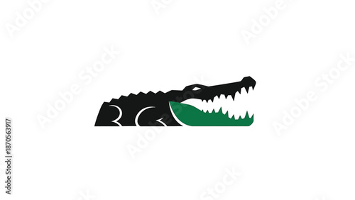 Black crocodile logo with open mouth and sharp teeth, green details, white background.