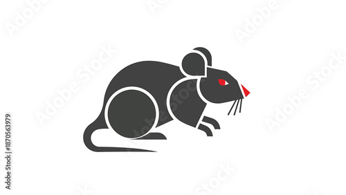 Black mouse illustration with red eyes and a pink nose on white background.