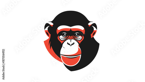 Chimpanzee face illustration with red and black colors, perfect for logos.
