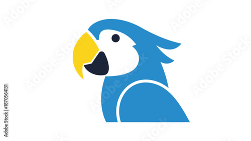 Blue parrot illustration with yellow beak and white face, simple design.