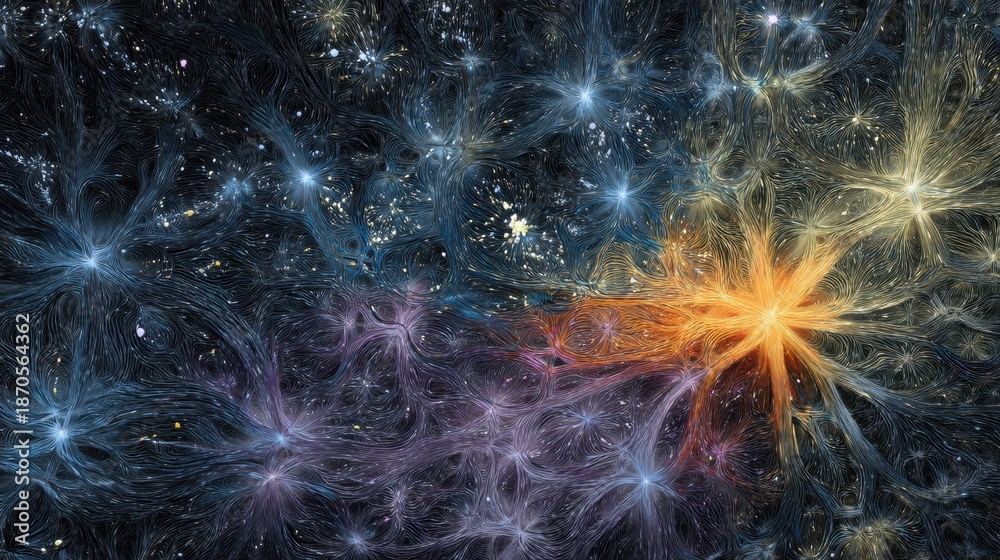 Fototapeta premium Bright colors and swirling patterns create a cosmic scene showing stars and energy flowing in various directions. The setting looks like a deep space environment filled with light.