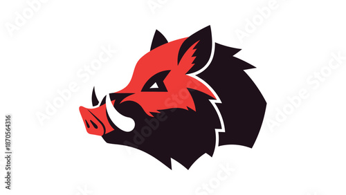 Bold red and black wild boar head logo design, fierce and strong.