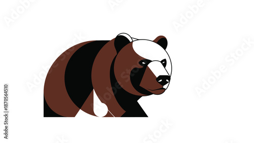 Brown bear illustration with white face and black stripes, simple design.