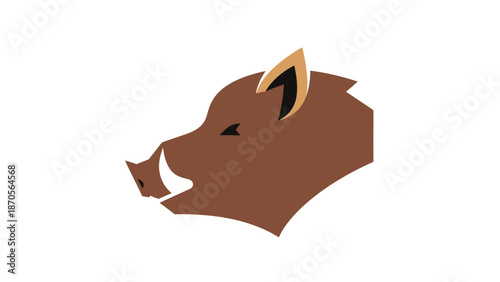 Brown wild boar head profile with sharp tusks and pointed ears on white background.