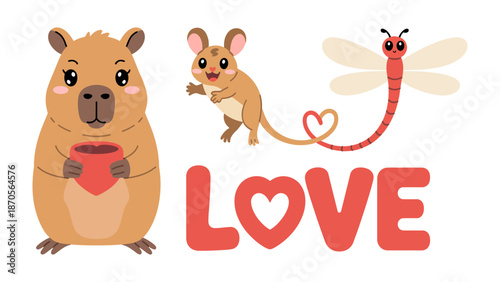 Love Between Animals: Adorable animals, a capybara, mouse, and dragonfly, share a sweet message of LOVE, each in their own charming way. conveying the emotions of affection and connection.