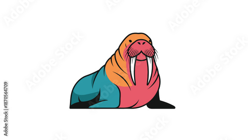 Colorful cartoon walrus illustration with large tusks and a friendly expression.