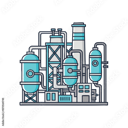 Modern industrial factory building with pipes, towers, and tanks, illustration of chemical plant