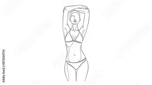 Minimalist line art of woman in bikini stretching, elegant body silhouette, summer vacation concept