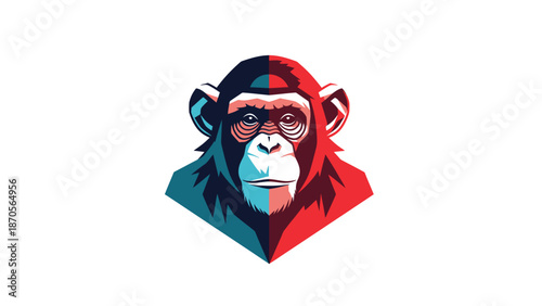 Chimpanzee portrait with vibrant colors and geometric design, artistic illustration.