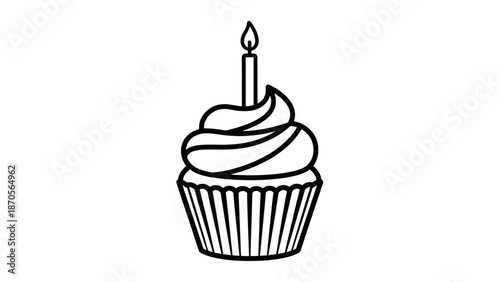 Simple Cupcake with Lit Candle - Line Art Icon for Celebration