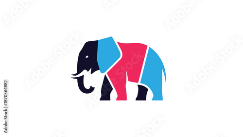 Colorful geometric elephant illustration on a white background, modern design.