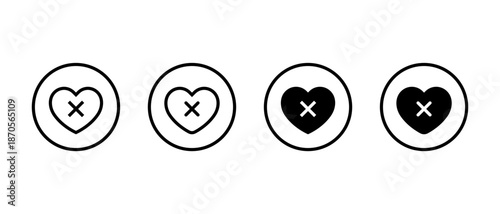 Poor health, unhealthy icon set in circular outline. Heart with cross mark symbol. Love with x sign
