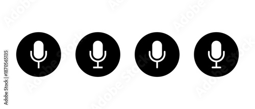 Microphone, mic icon set in black circle. Audio recording and voice input symbol