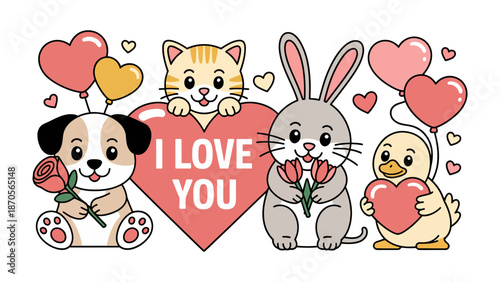 Love is in the air: A charming scene of a puppy, cat, rabbit, and duck expressing love and affection with hearts and balloons. A tender scene with the message I love you.