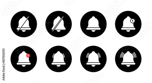 Notification bell icon set collection in black circle. Silent, mute, new reminder, ringing, and vibration mode symbol