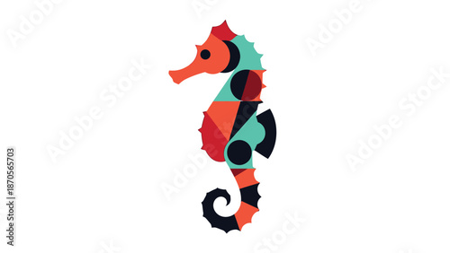 Colorful geometric seahorse illustration on a white background, artistic marine life.