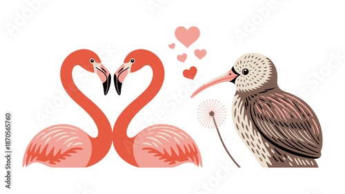 Love Birds: Charming Illustration of two flamingos in heart shape and a Kiwi bird.