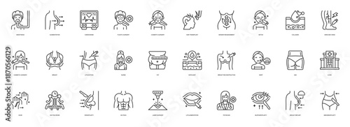 Cosmetic Surgery line style icon set. Containing Anesthesia, Augmentation, Cardiogram, Plastic Surgery, Cosmetic, Surgery