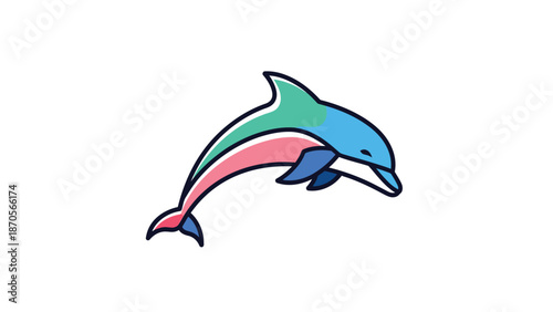 Colorful dolphin leaping gracefully across the ocean waves, vibrant illustration.