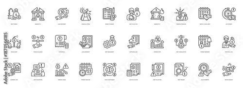 Debt Management line style icon set. Containing Debt Payment, Bankruptcy, Loan Repayment, Financial Stress, Budget Planning
