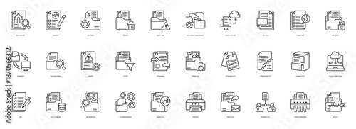 File Management line style icon set. Containing Seo Report, Correct, Settings, Delete, Document Management, Cloud Upload